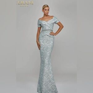 Pleated Off-shoulder Embroidered Peplum Dress from Terani